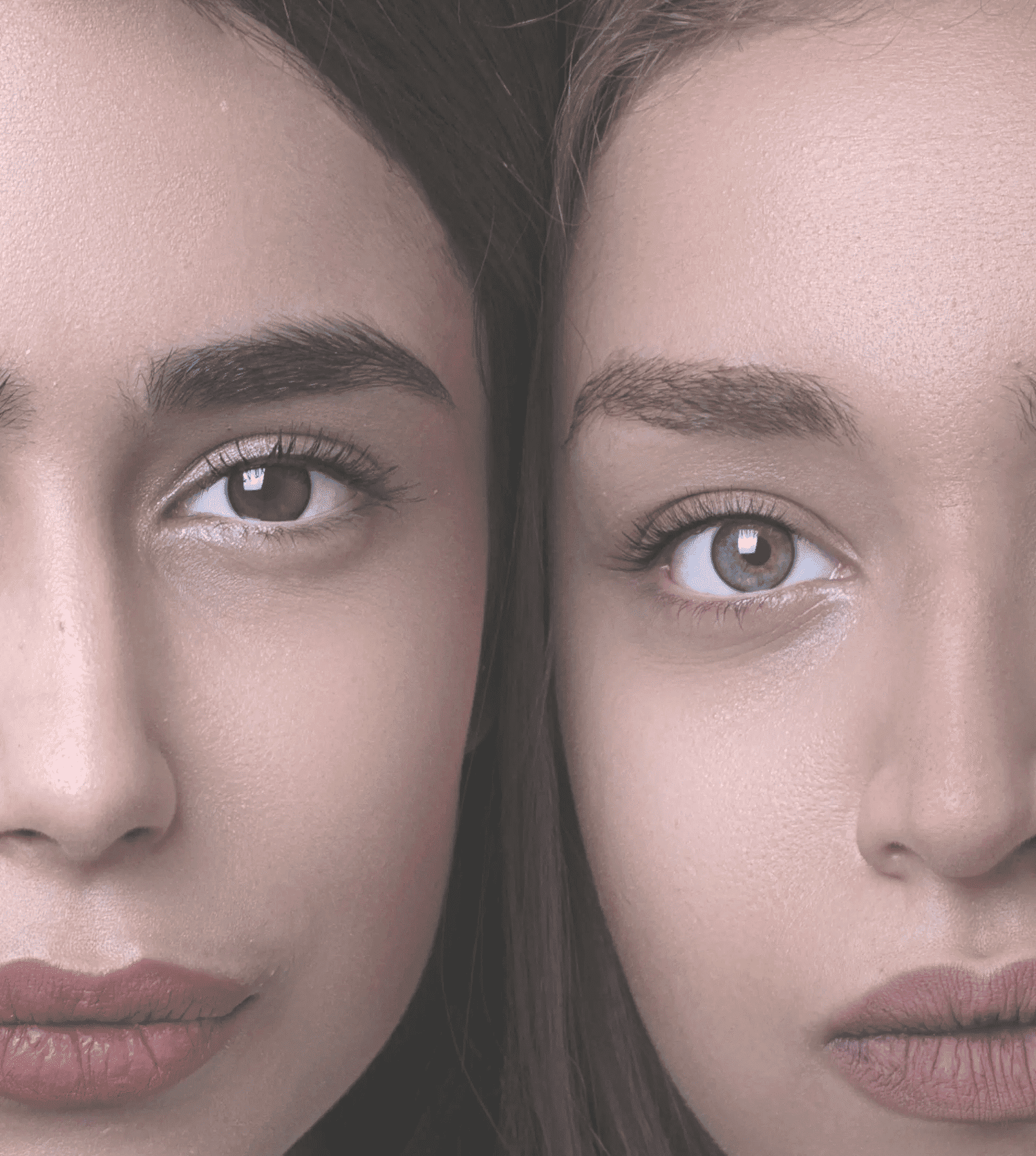 Close-up of two women's faces, showcasing diverse skin tones and facial features.